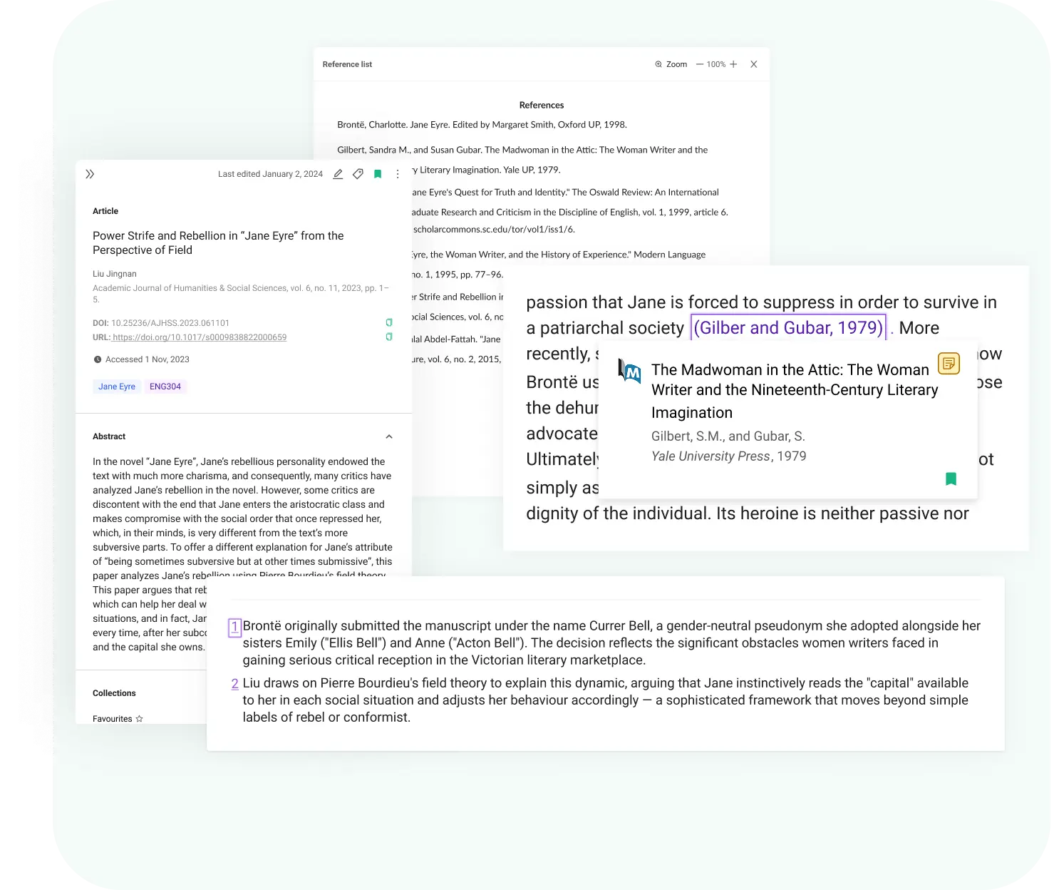 Reference manager showing citation cards, collections, and tags
